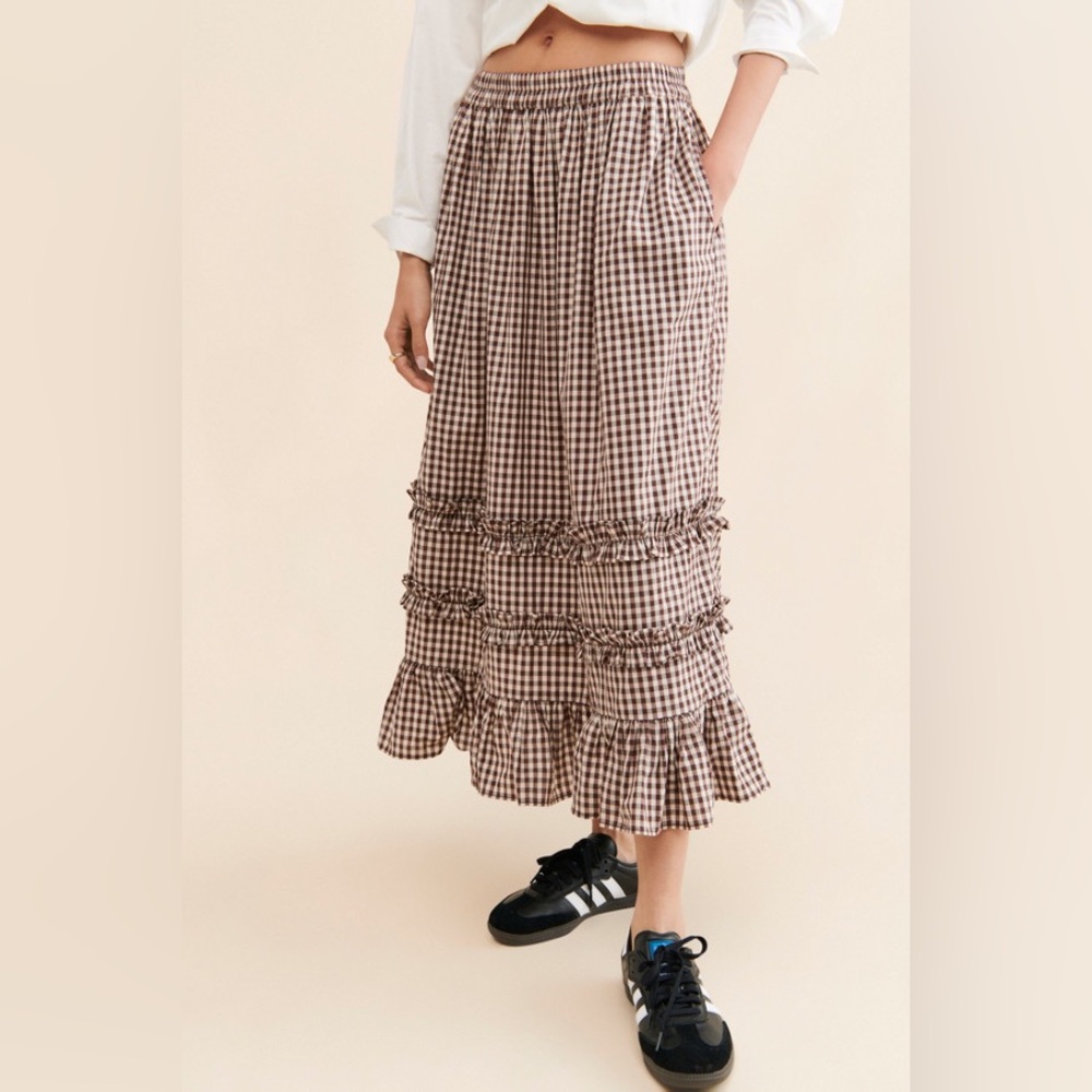 DAMSON MADDER Rina Ruffle Skirt in Chocolate Check UK 12 / US 8 - Picture 7 of 16